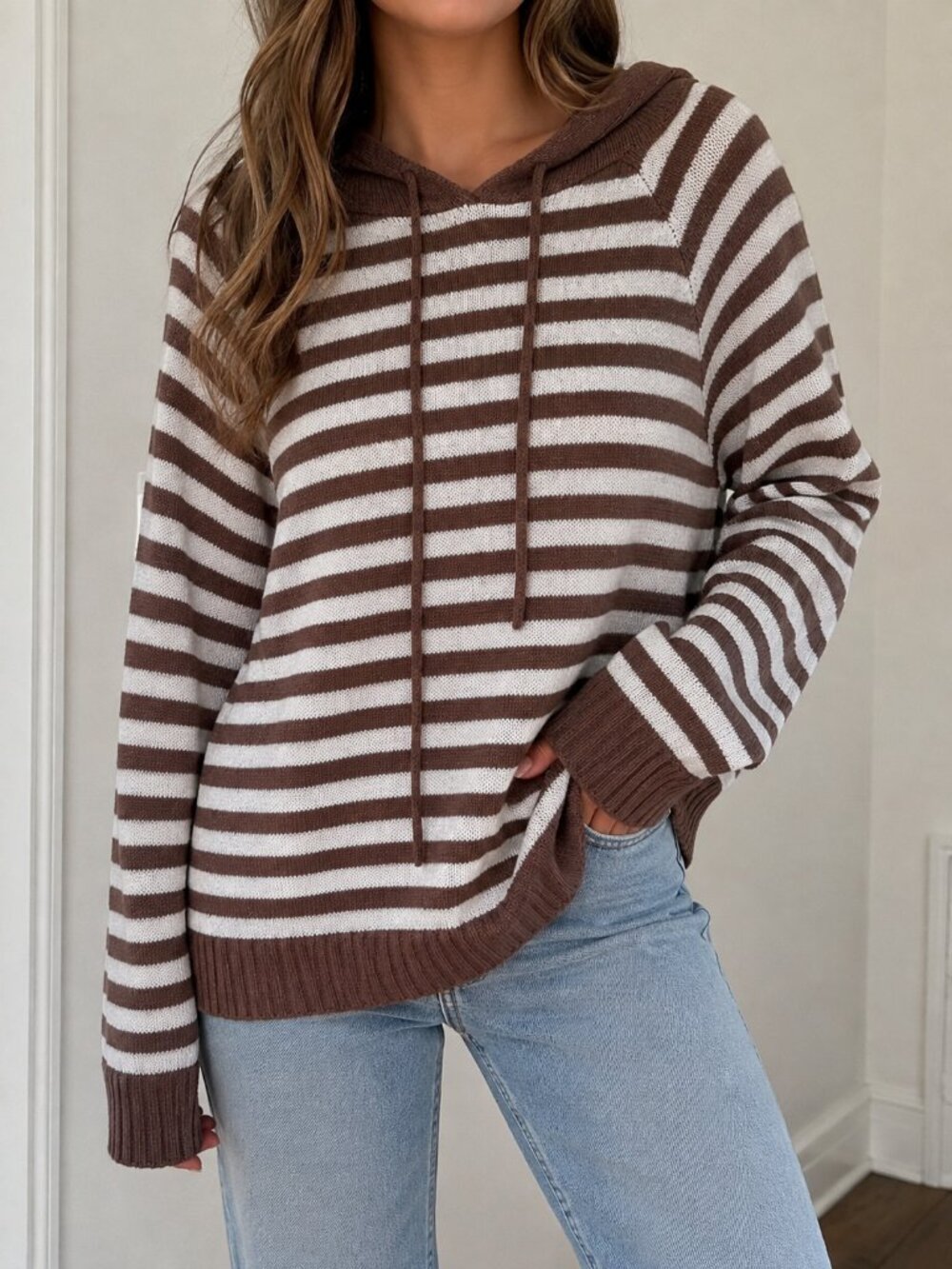 Pink Clover Brown & White Striped Hooded Knit Sweater Size L – NWT